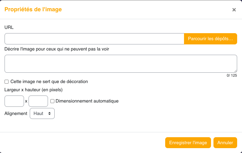 La fenêtre d'insertion propose de parcourir les dépôts Moodle pour choisir une image déjà disponible ou en ajouter une nouvelle.