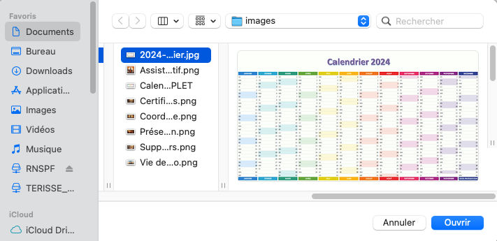 Le fichier image est choisi depuis l'ordinateur local; Moodle l'ajoute ensuite au dépôt associé à la ressource.