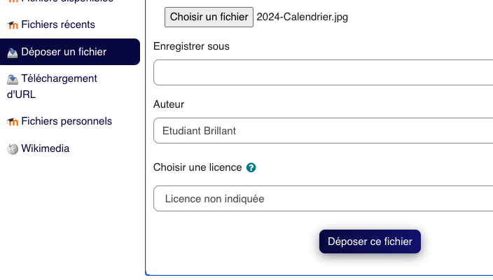 La confirmation du dépôt enregistre l'image dans Moodle avant son insertion dans le contenu en cours de rédaction.