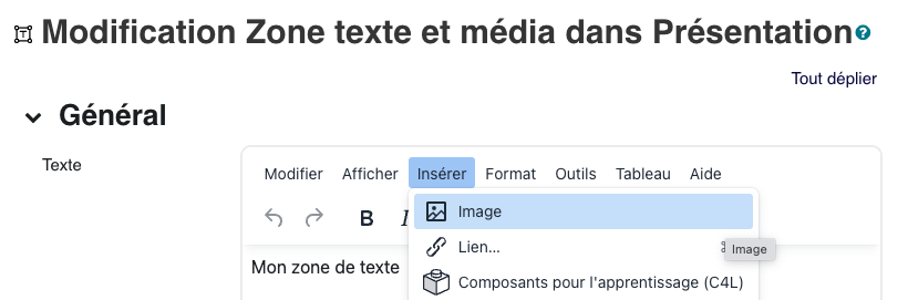 Dans l'éditeur, le bouton Image ouvre l'insertion d'un visuel au point où se trouve le curseur dans le contenu.