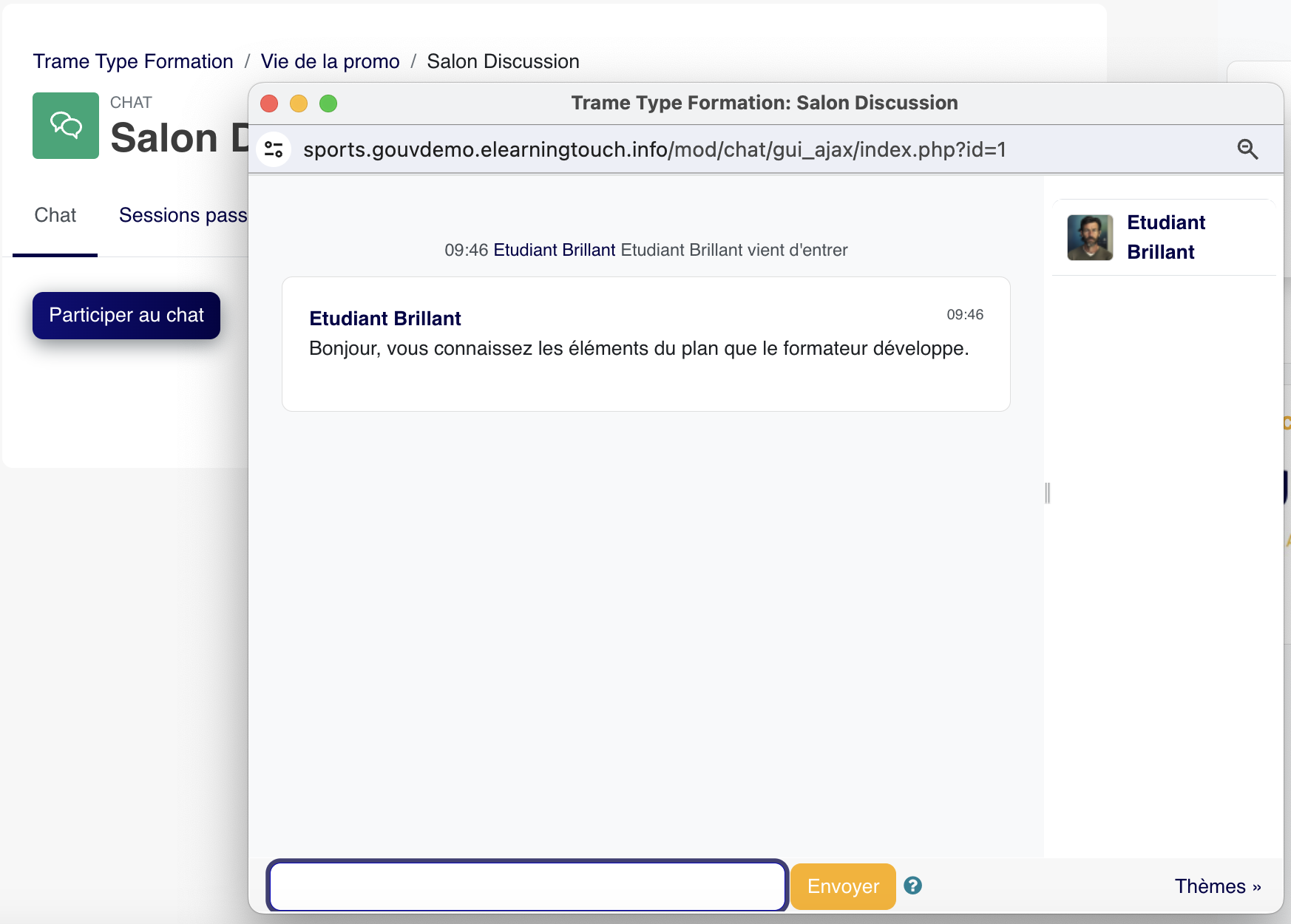 Le Chat ouvre une discussion synchrone dans Moodle; il convient à une permanence ou à un échange court en temps réel.