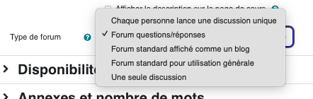 Le type de forum modifie fortement l'usage: discussion unique, forum standard, questions/réponses ou fil individuel ne produisent pas la même interaction.
