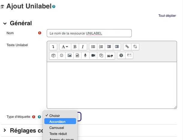 Dans les réglages Unilabel, le type Accordéon transforme le contenu en segments ouvrables et refermables par l'apprenant.