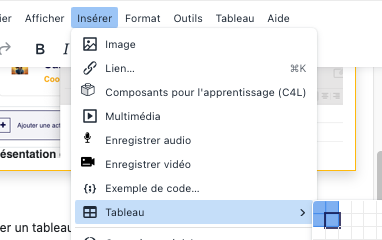 Le menu contextuel du tableau permet de modifier rapidement les cellules, les lignes et les colonnes pendant la construction du bloc de présentation.