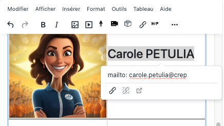 Le résultat final présente une personne avec son image et son contact cliquable, utile pour identifier clairement un référent dans le cours.