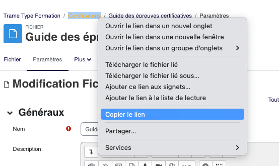 Un lien vers le fichier peut aussi être inséré dans un texte; cela permet d'intégrer le document dans une consigne ou une phrase explicative.
