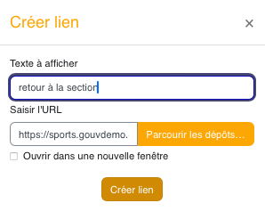 Le mode code de l'éditeur montre le lien HTML généré; il sert à contrôler ou ajuster l'intégration lorsque le rendu doit être plus précis.