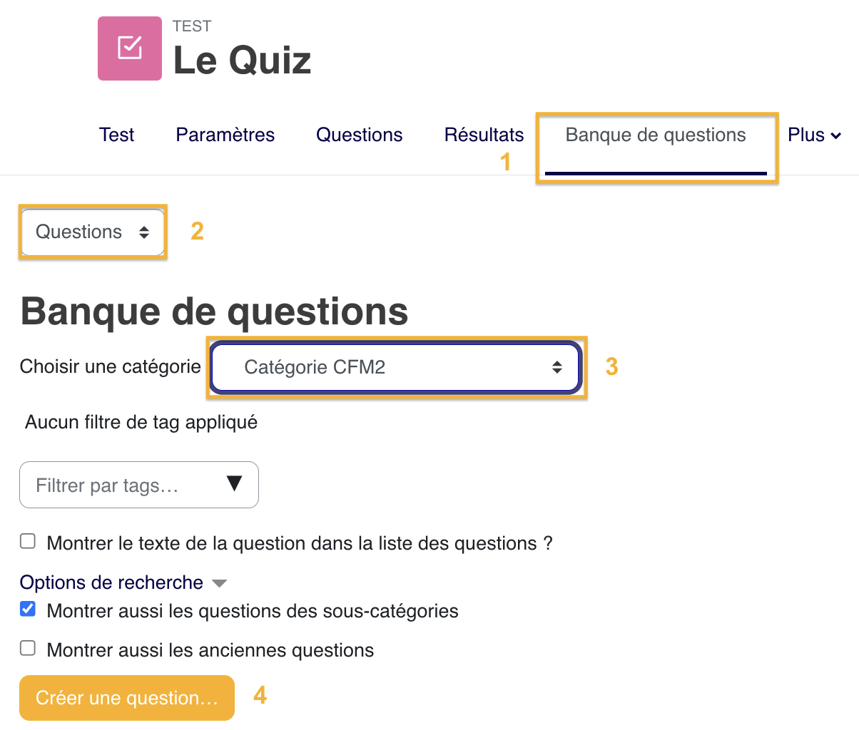 La création d'une question commence depuis la banque ou le test; le type choisi déterminera ensuite la forme de réponse attendue.