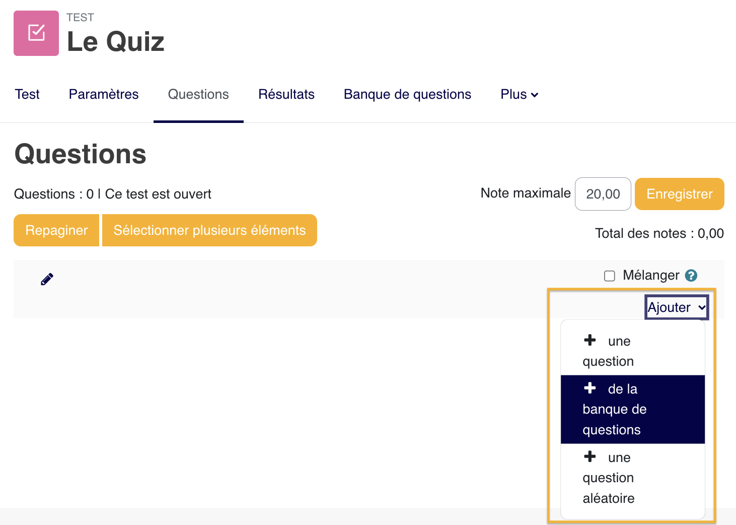L'ajout de questions au test se fait après la création de l'activité; c'est l'étape qui transforme un test vide en questionnaire utilisable.
