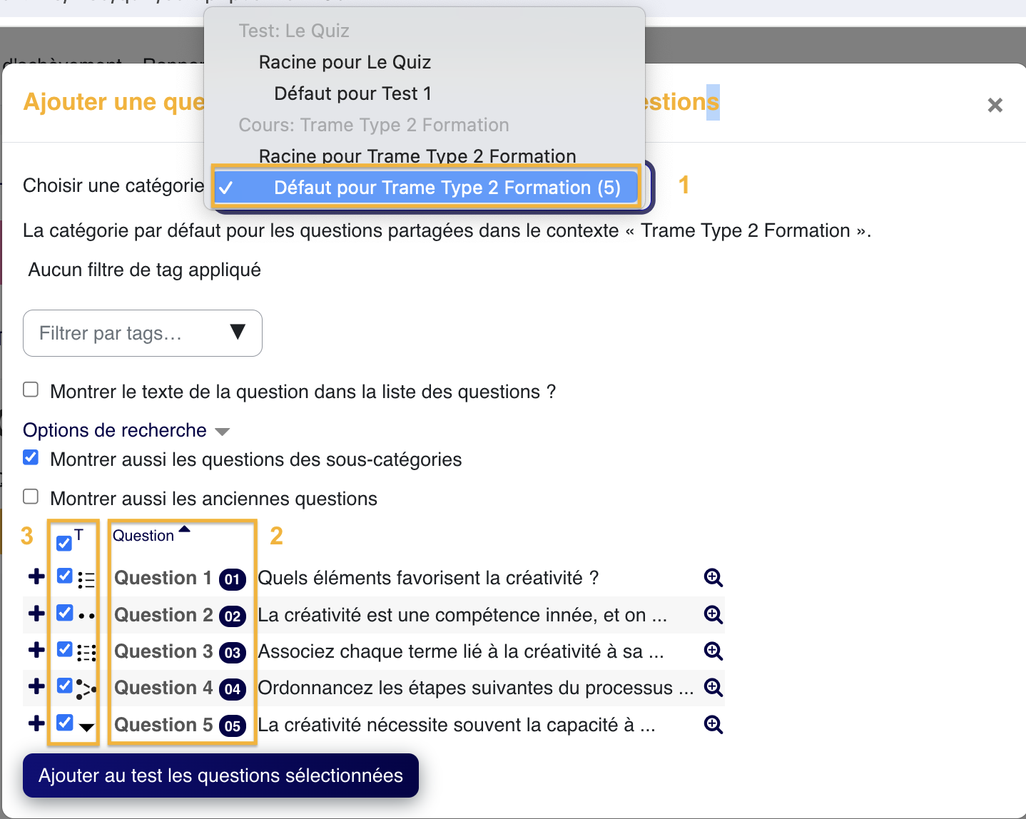 Le choix dans la banque permet de sélectionner des questions déjà classées, en gardant le lien avec leur catégorie d'origine.