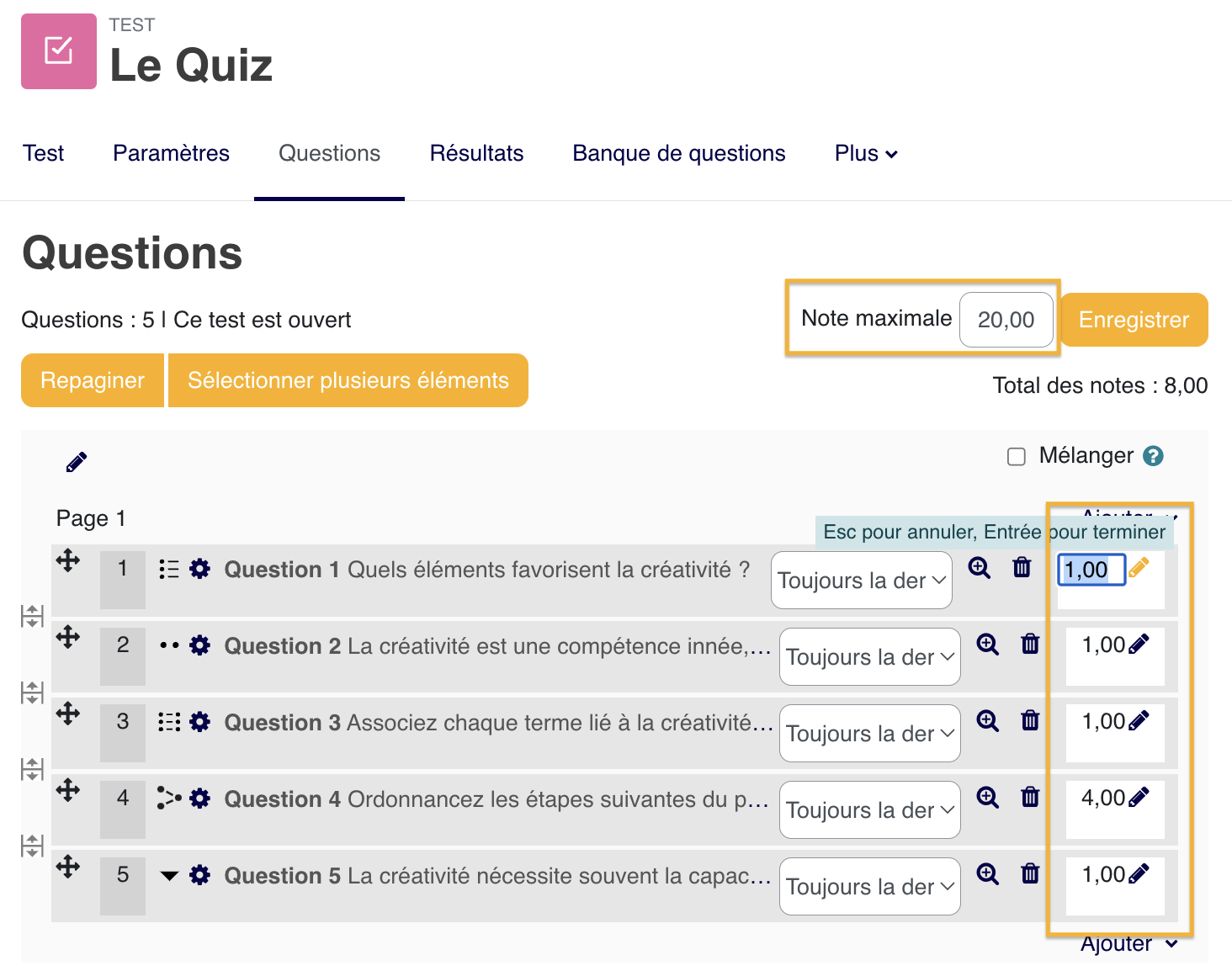 La note maximale du questionnaire fixe le total sur lequel le test sera calculé et affiché dans le carnet de notes.