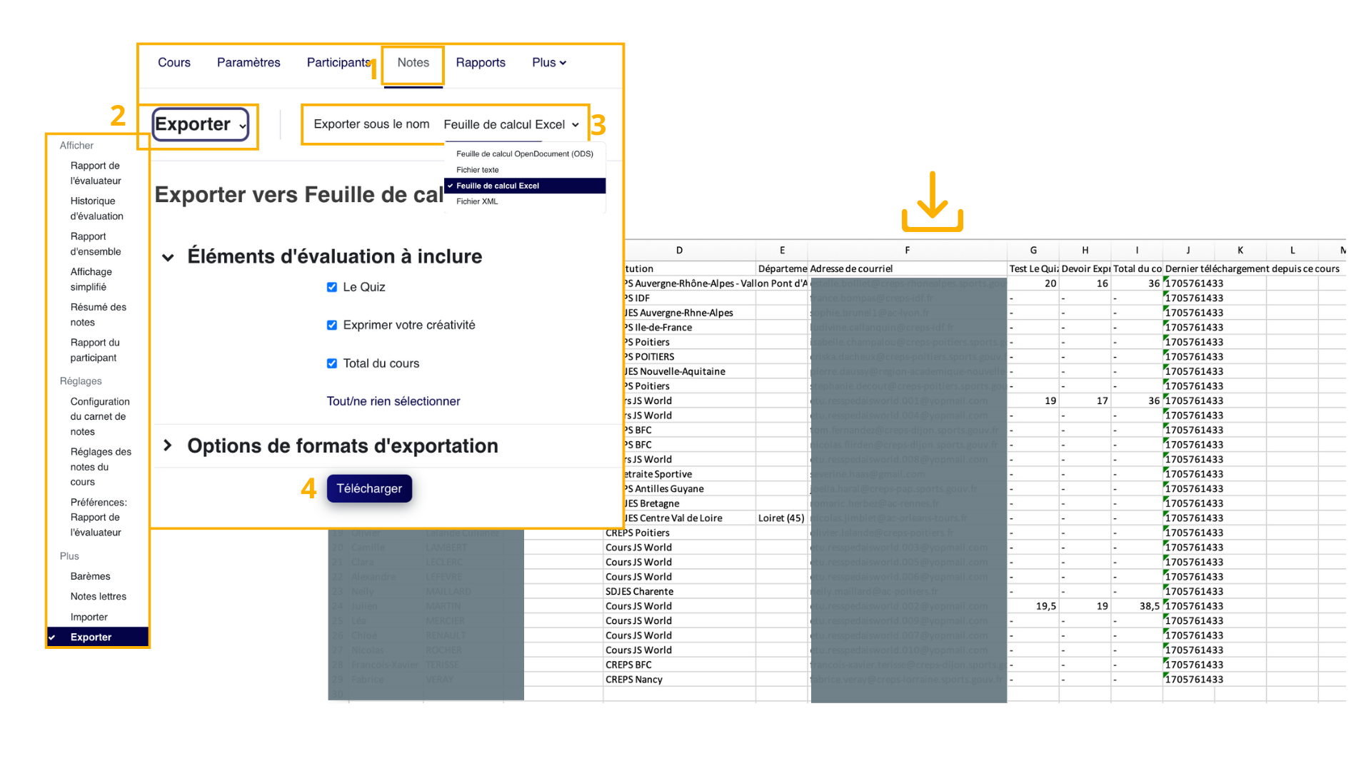 L'export des notes vers une feuille de calcul permet de travailler hors Moodle sur les résultats, avec les colonnes d'évaluation et les participants.