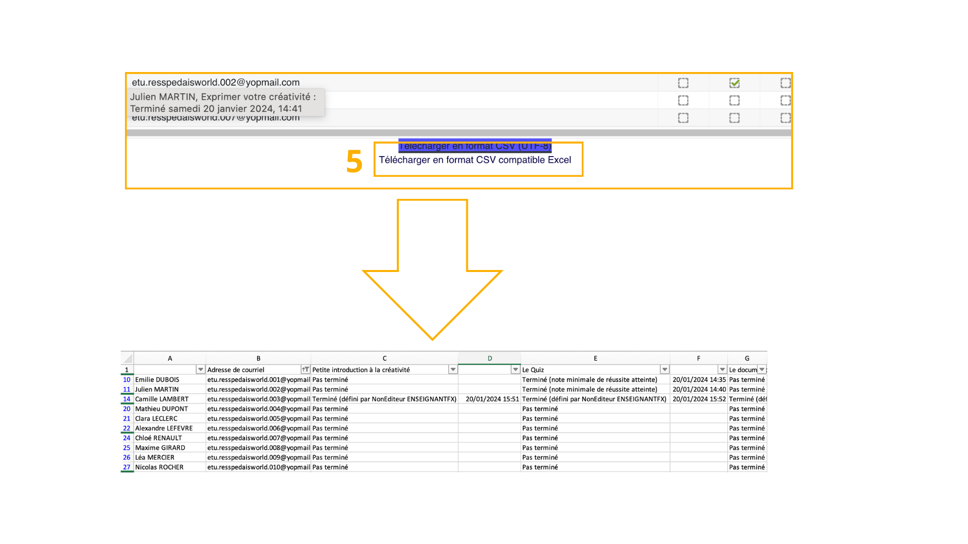 L'export CSV du rapport d'achèvement permet de conserver une trace exploitable des validations et de les analyser dans un tableur.