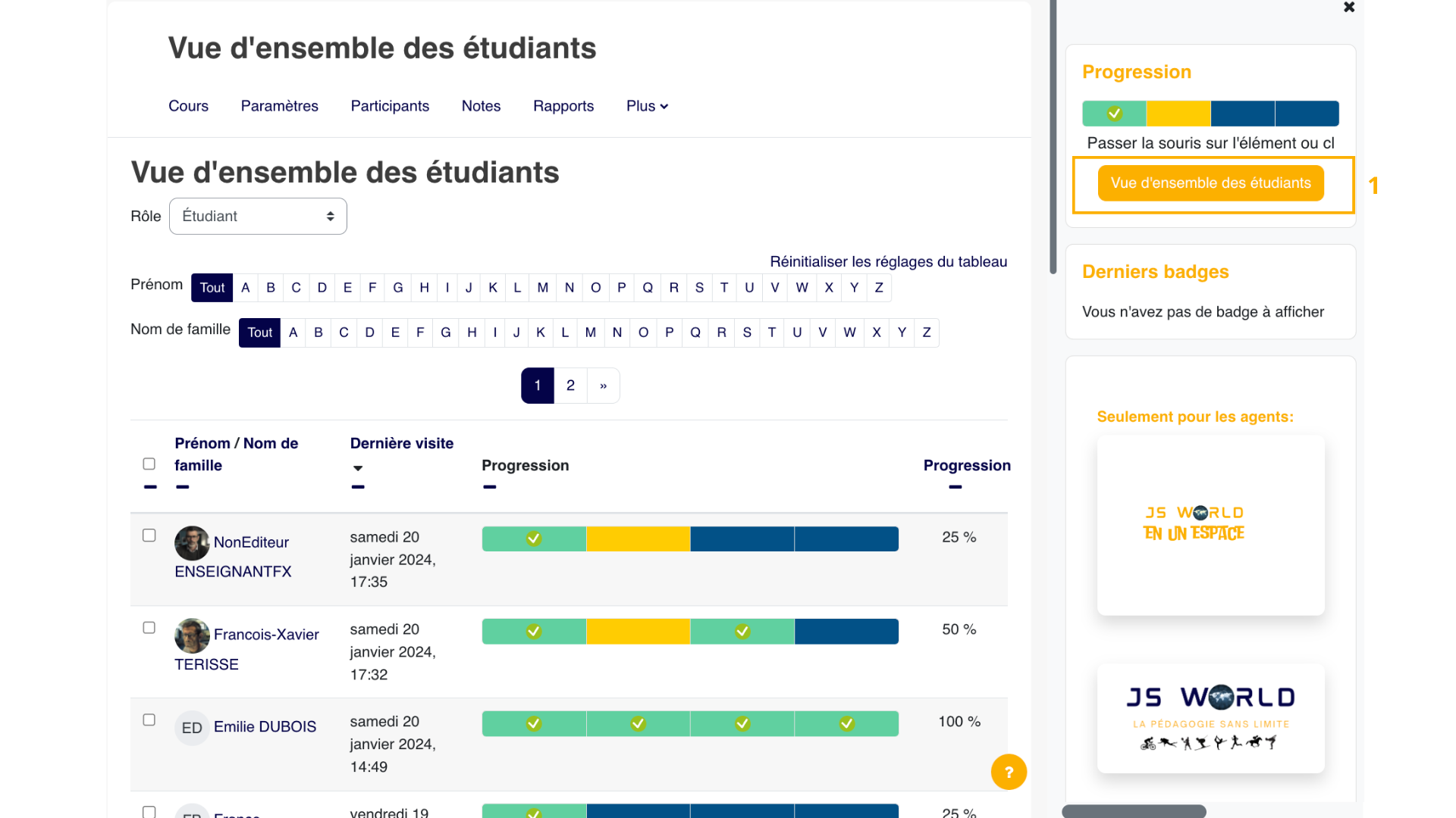La vue d'ensemble des étudiants combine progression, dernière activité et pourcentage d'avancement pour repérer rapidement les besoins de relance.