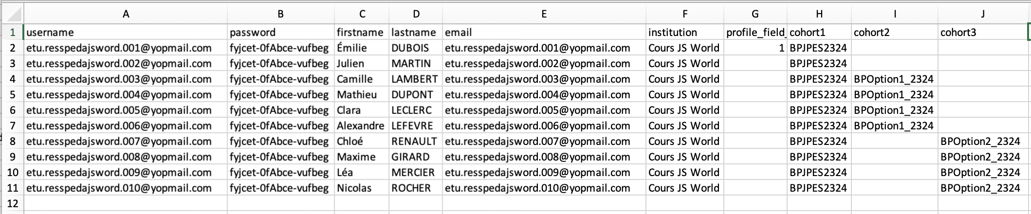 Le CSV de création de comptes peut aussi inscrire directement les utilisateurs dans une cohorte en ajoutant les colonnes cohort1, cohort2, etc.