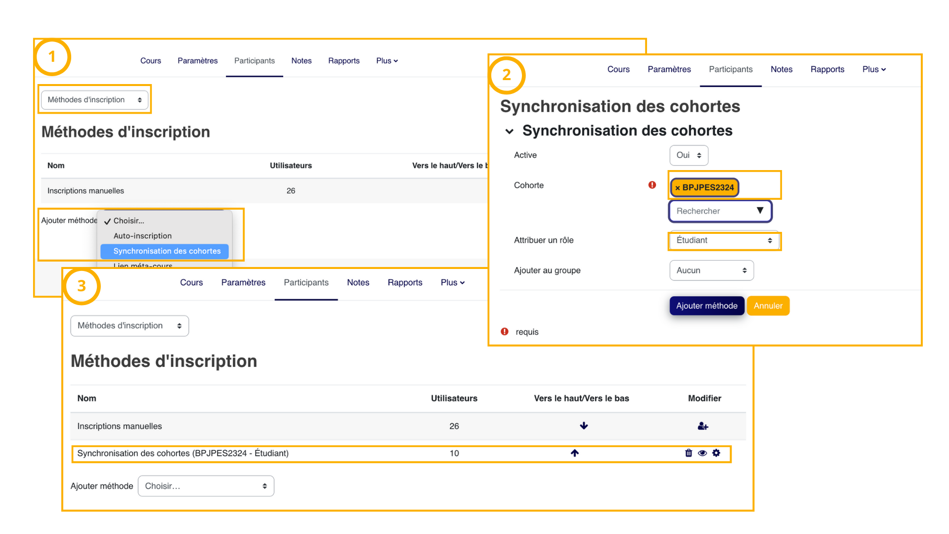 La synchronisation de cohorte s'ajoute dans les méthodes d'inscription du cours et maintient l'effectif aligné avec la cohorte.