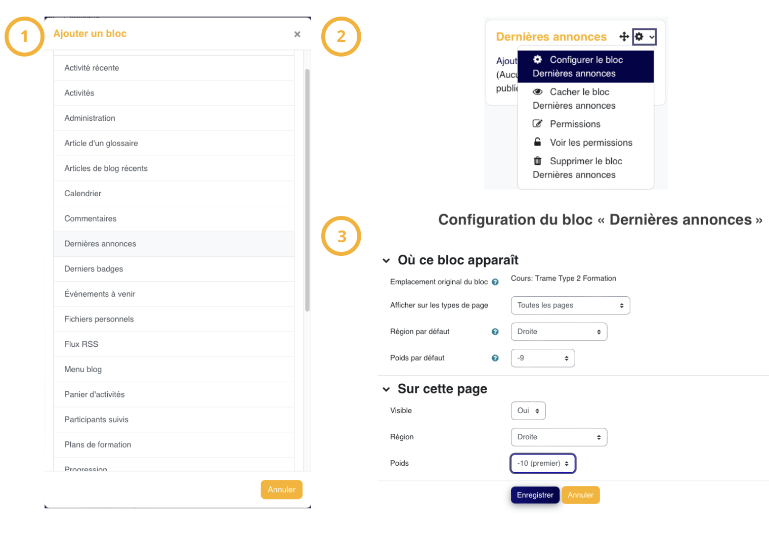 La configuration du bloc Dernières annonces règle son emplacement, sa visibilité et son poids dans la page de cours.