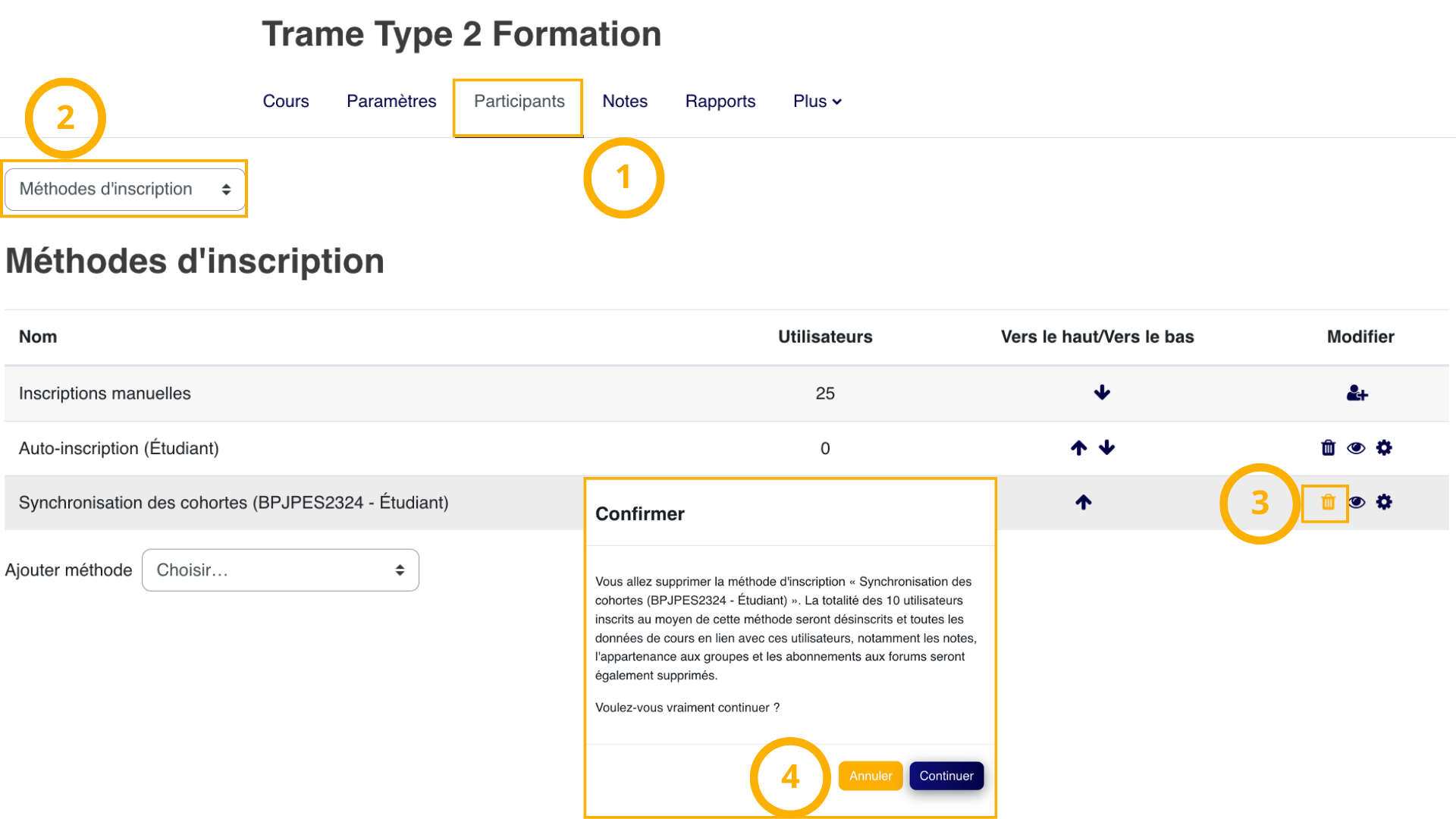 Pour supprimer une synchronisation de cohorte, passez par les méthodes d'inscription et confirmez la suppression de la méthode concernée.