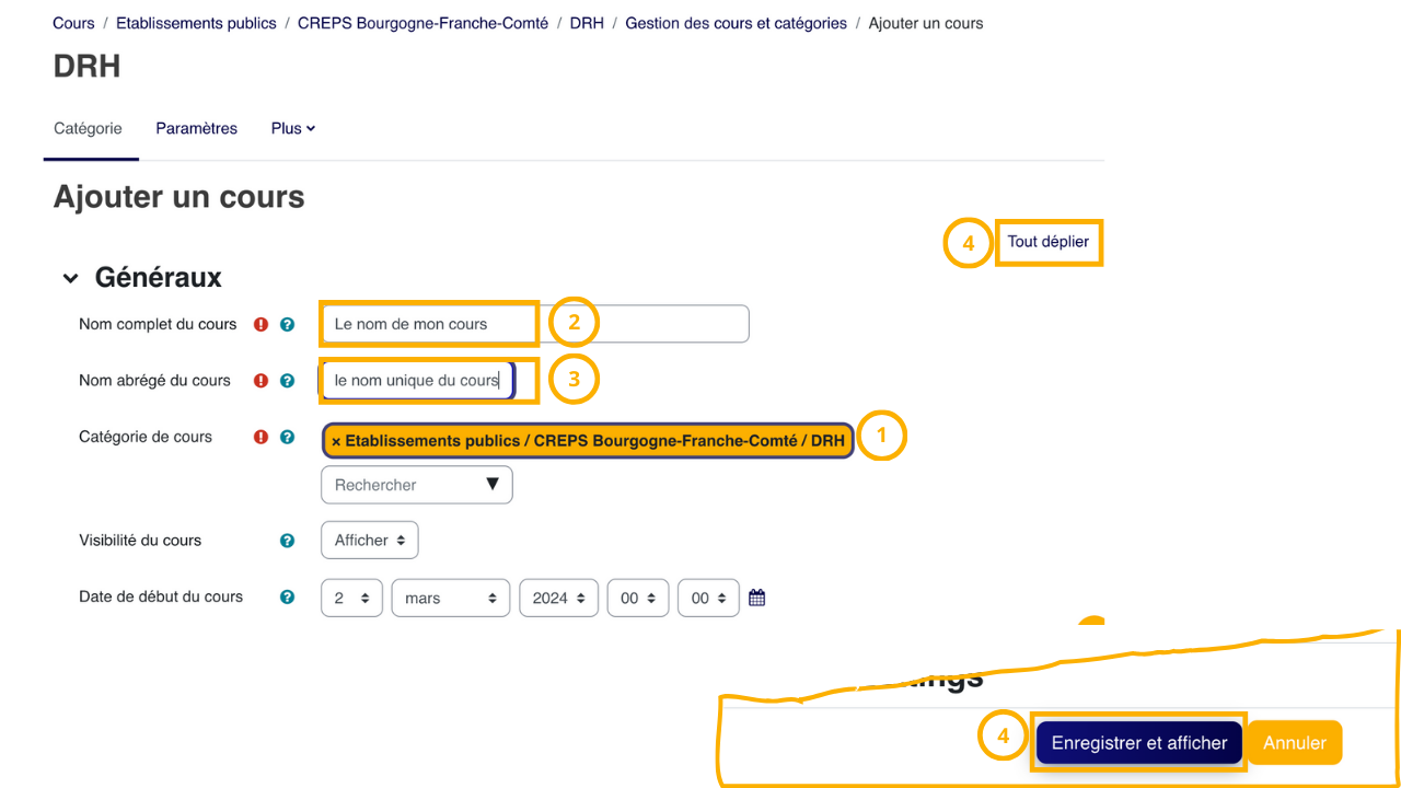 Dans Ajouter un cours, vérifiez la catégorie sélectionnée puis renseignez le nom complet, le nom abrégé, la visibilité et les dates avant d'enregistrer.