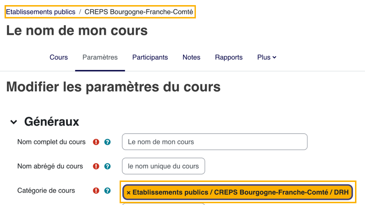 Le fil d'Ariane et le champ Catégorie de cours confirment l'emplacement où le nouveau cours sera rangé.