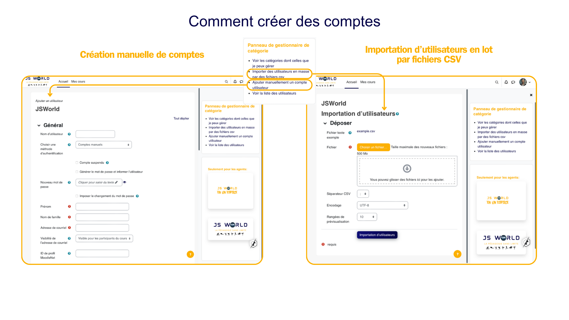 La création manuelle convient à quelques comptes; l'import CSV devient préférable dès qu'il faut créer ou inscrire plusieurs utilisateurs.