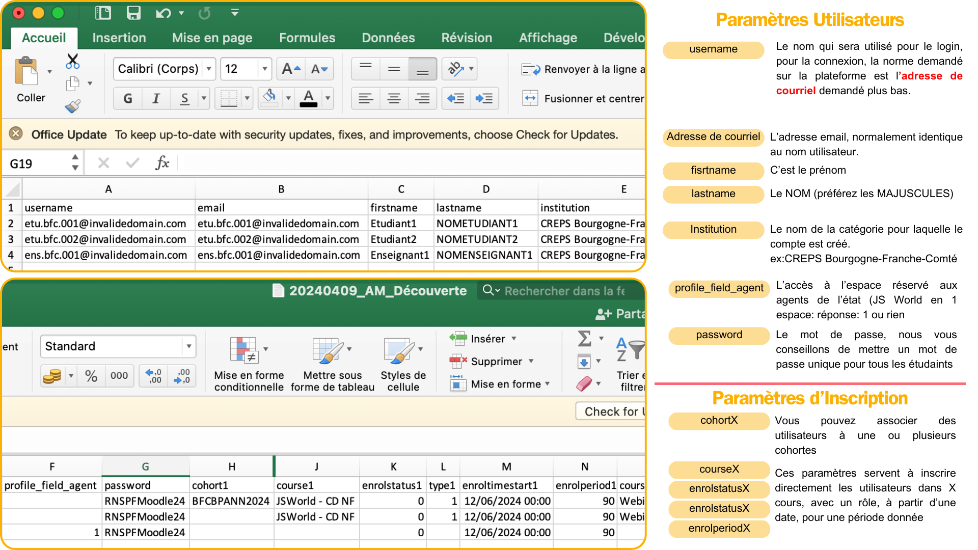 Le tableur permet de préparer les comptes en lot: chaque colonne correspond à un champ Moodle et chaque ligne à un utilisateur.