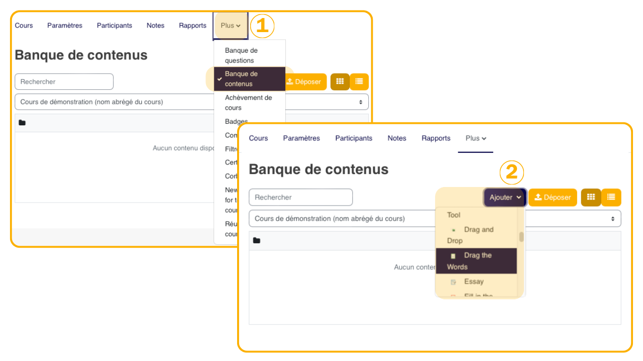 Dans Moodle, l'accès aux activités H5P passe par le catalogue ou la banque de contenus selon que l'on crée, importe ou réutilise un contenu.