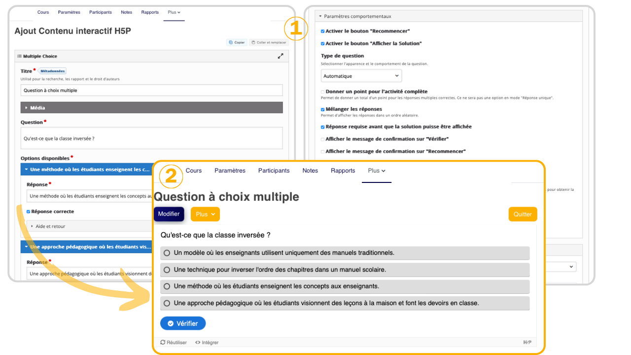 L'ajout de contenu interactif H5P permet de choisir un type d'exercice et de l'insérer dans le parcours comme activité consultable.