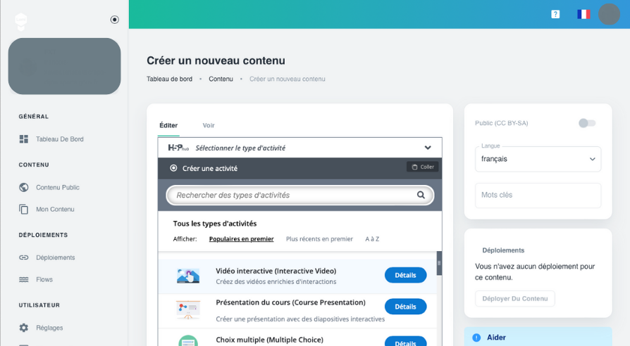 Dans Lumi, la création H5P donne accès à une bibliothèque de types d'interactions que l'on peut construire puis exporter.