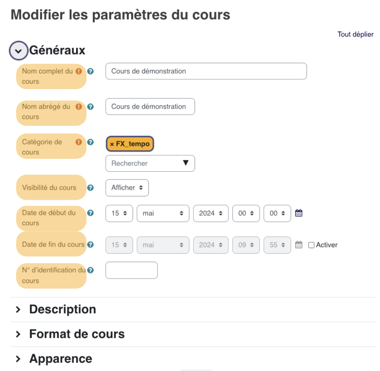 Le nom complet est le libellé principal du cours; il doit être suffisamment précis pour être compris hors contexte, notamment dans Mes cours.