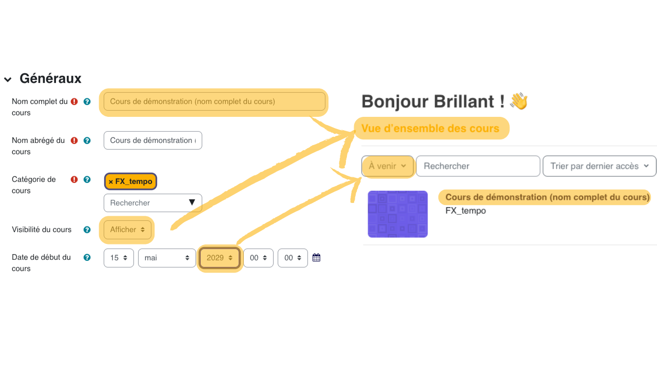 Les dates de début et de fin cadrent l'affichage temporel du cours et peuvent influencer le suivi, les rapports ou la perception du parcours.