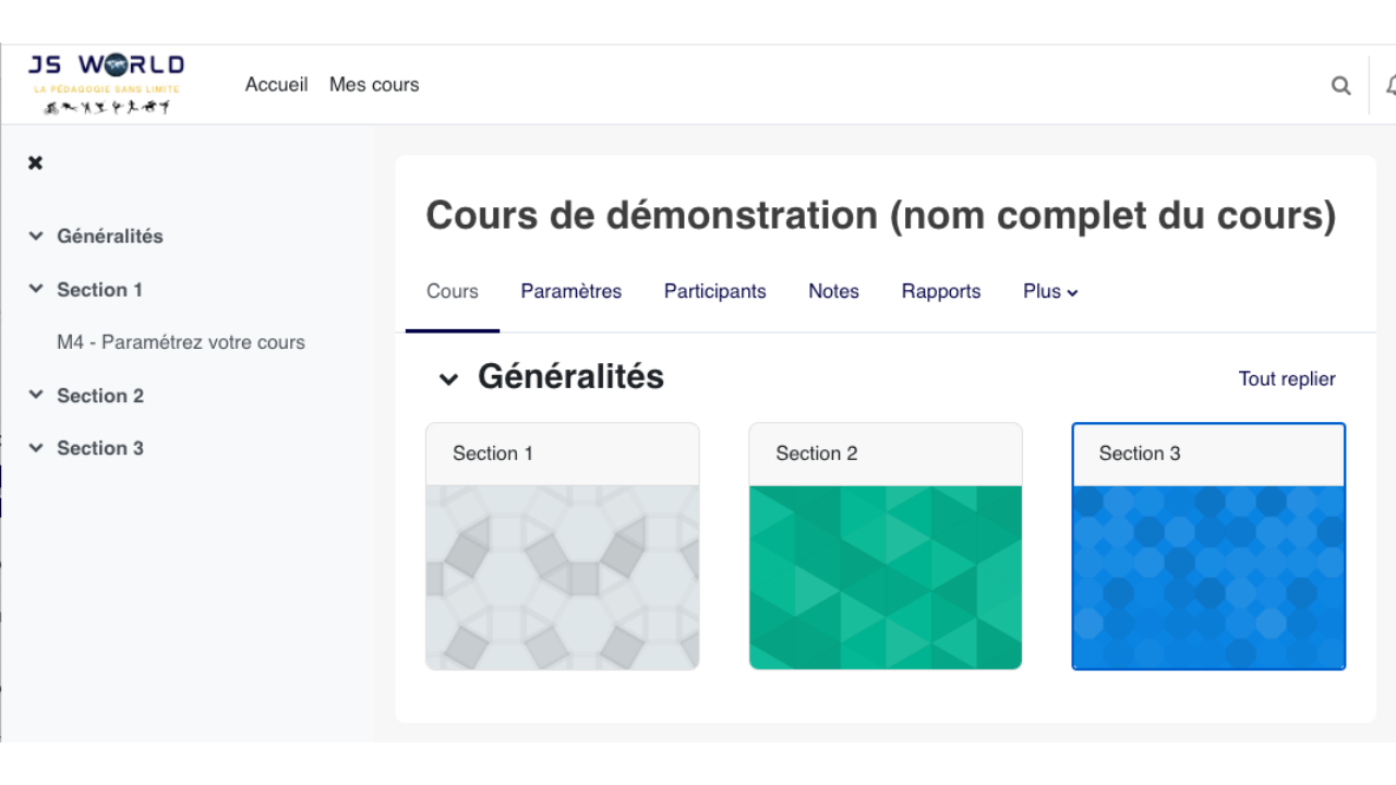 Le format thématique affiche les sections les unes sous les autres; c'est une structure sobre et lisible pour un cours organisé par chapitres.