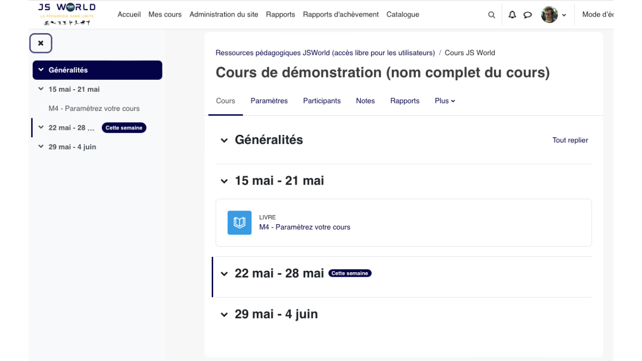 Le format activité unique ouvre le cours autour d'une seule activité principale; il convient surtout à un usage ciblé, comme un test, un paquet SCORM ou une ressource centrale.