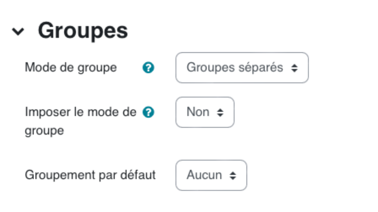 Les réglages de groupes indiquent si le cours fonctionne en groupes séparés, visibles ou sans groupes; ce choix conditionne les activités collaboratives et les devoirs.
