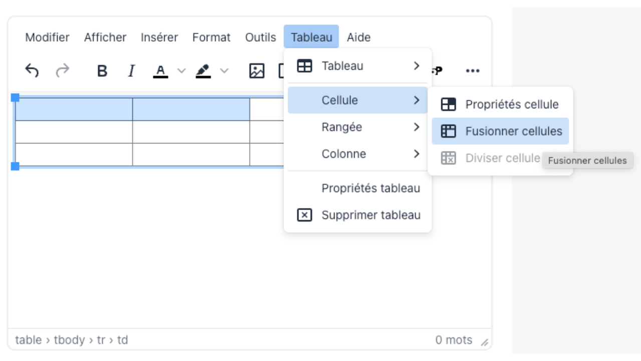 Les commandes Fusionner et Diviser permettent d'adapter les cellules du tableau à une mise en page plus souple.