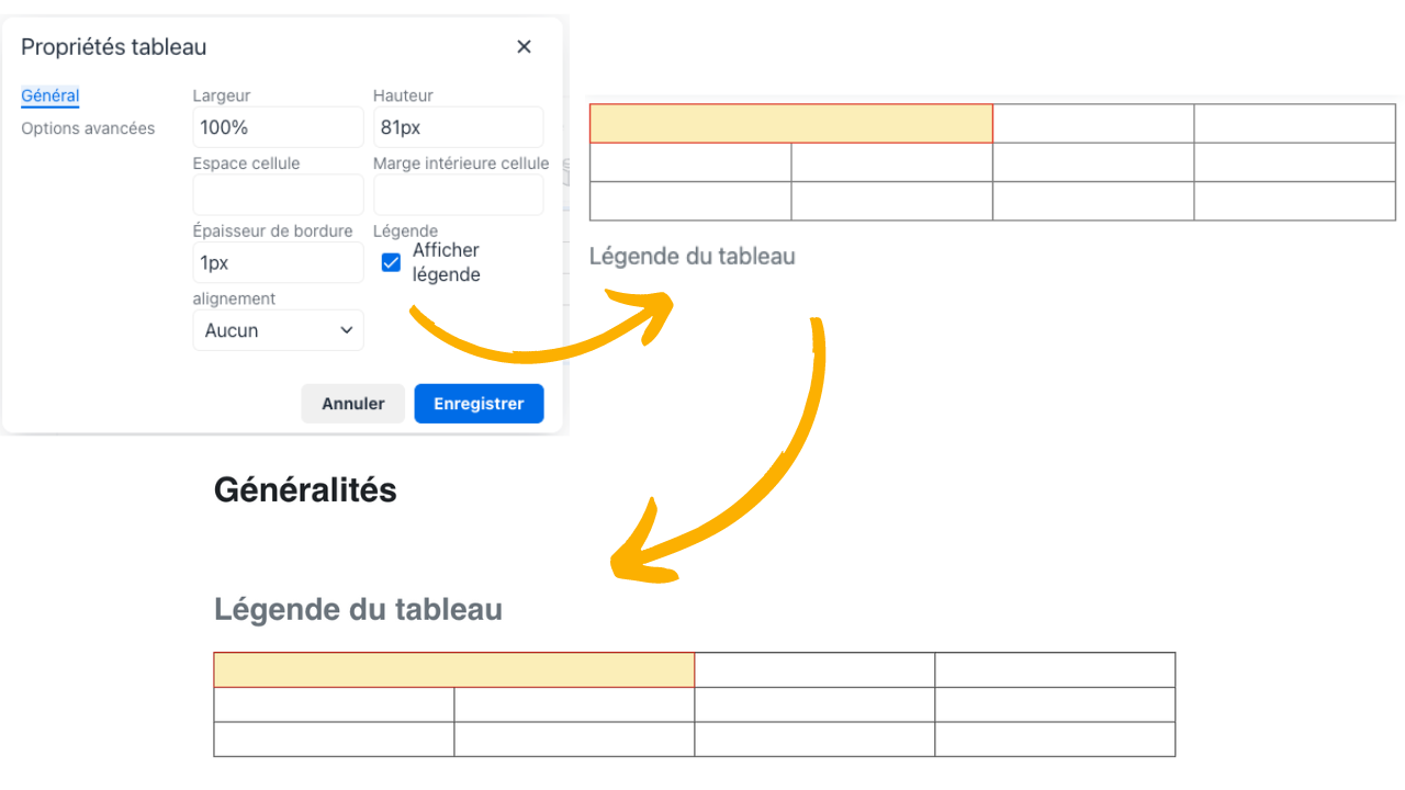 La légende du tableau peut être activée pour donner un titre visible à la grille et clarifier son objectif.