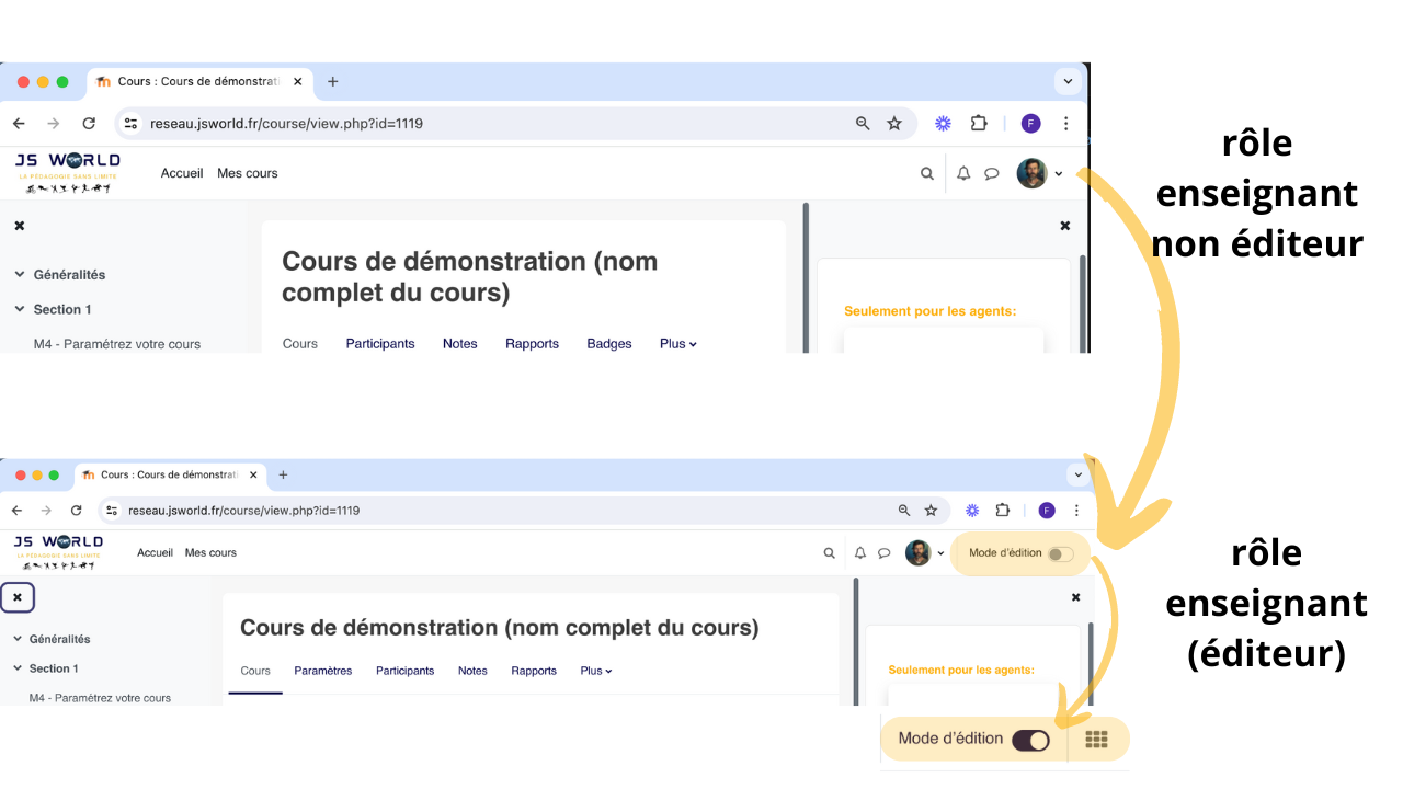 Selon le rôle, les commandes visibles changent: un enseignant éditeur voit les options de modification, alors qu'un profil non éditeur voit surtout le cours tel qu'il sera consulté.