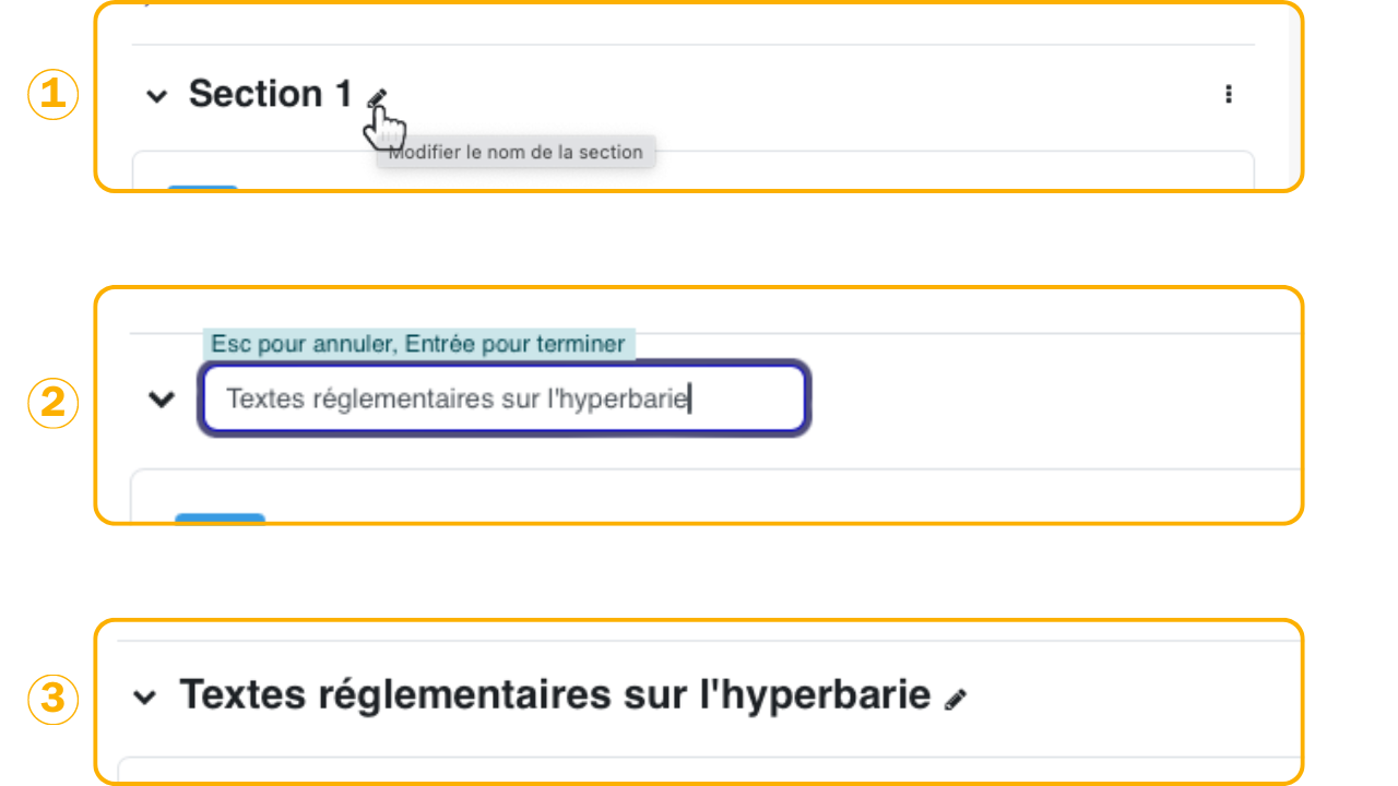 Le renommage d'une section se fait au plus près du titre: la modification est immédiate et se répercute dans la structure affichée aux apprenants.