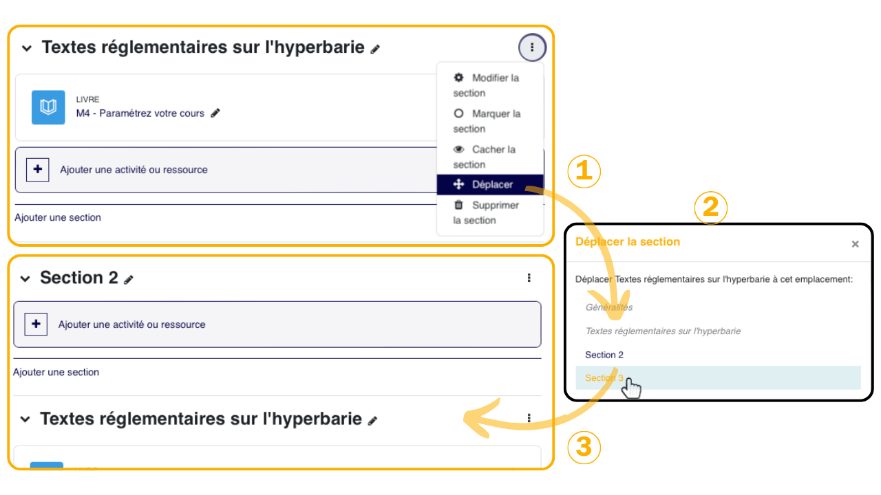 Les sections peuvent être déplacées depuis leur poignée ou leur menu: l'ordre obtenu dans la page centrale doit rester cohérent avec l'index latéral.