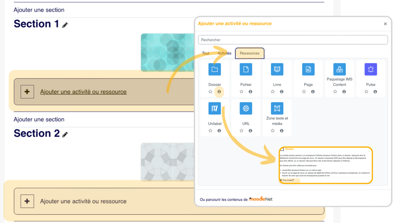 Depuis une section, l'ajout d'une ressource se fait au niveau où elle doit apparaître; le placement est aussi important que le type choisi.