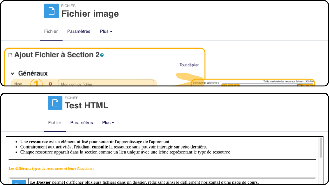 Les paramètres de la ressource spécialisée permettent d'ajuster son nom, son contenu et ses options avant de l'afficher dans le cours.