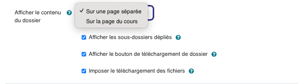 Les paramètres d'affichage du Dossier déterminent si les fichiers s'ouvrent sur une page séparée ou directement dans la page du cours.