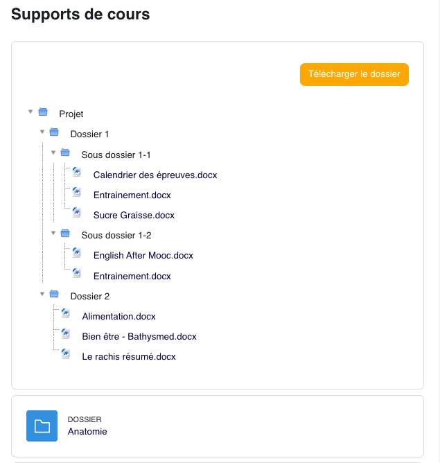 Le résultat d'une ressource Dossier affiche les fichiers classés sous une entrée unique, ce qui garde la section plus lisible.