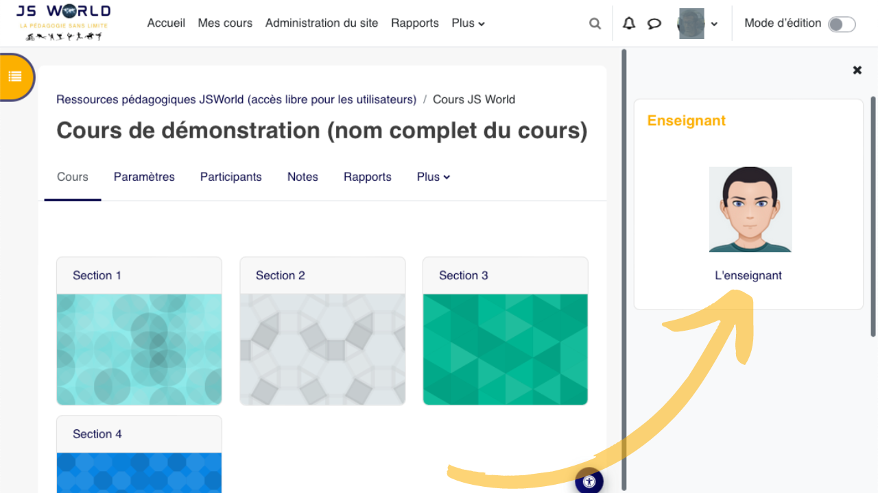 L'exemple de bloc Texte Enseignant montre un usage concret: afficher le référent du cours avec son image et un accès direct à son profil.