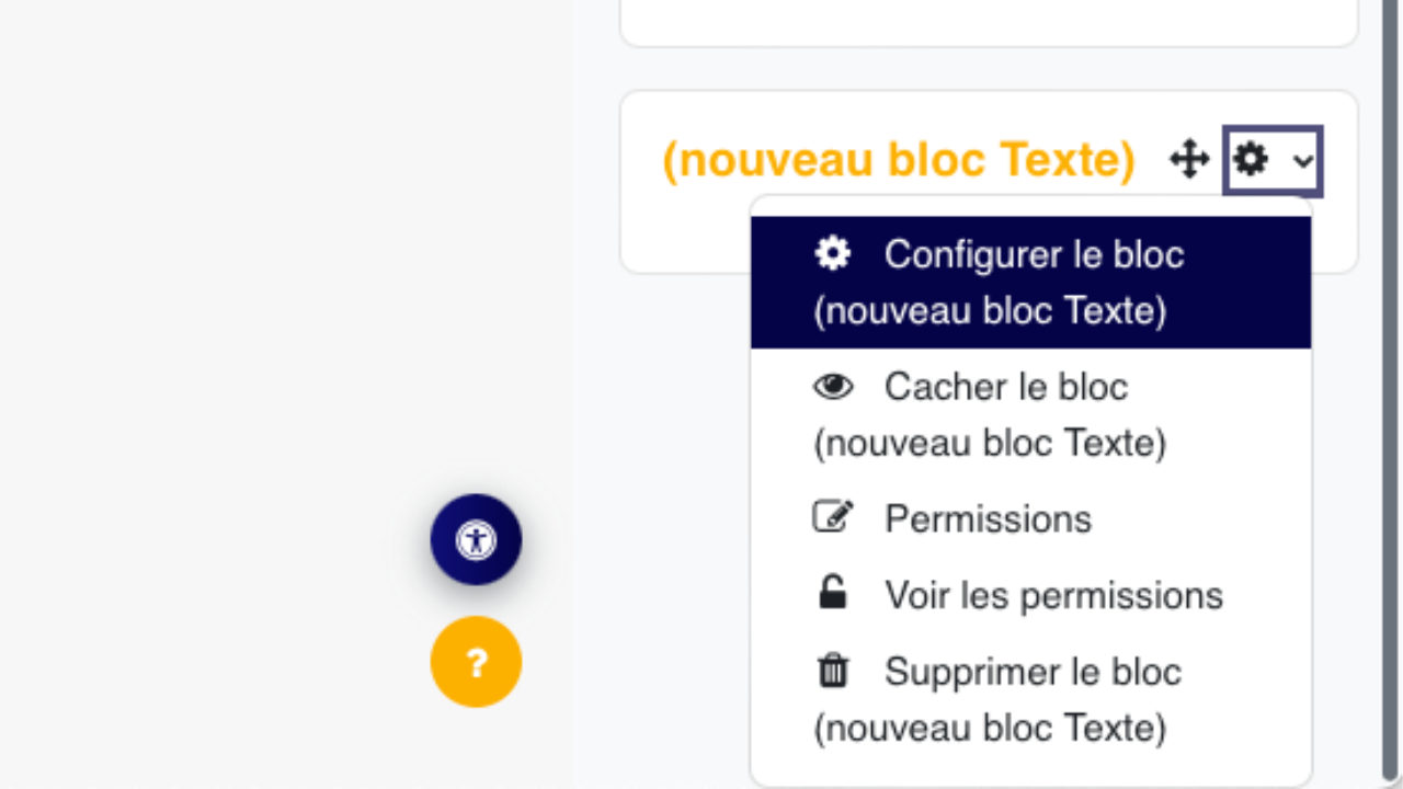 Le menu du nouveau bloc Texte donne accès à sa configuration, ainsi qu'aux options pour le cacher, gérer ses permissions ou le supprimer.