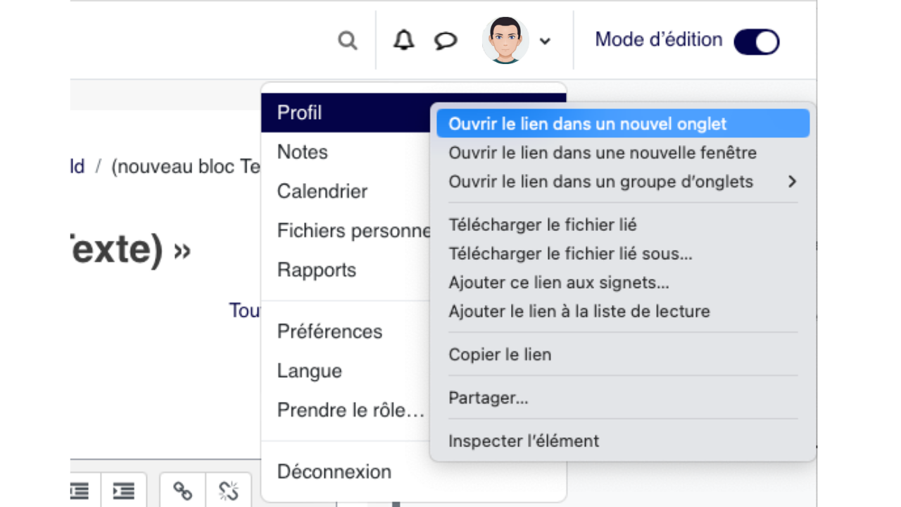 Ouvrir le profil dans un nouvel onglet permet de récupérer l'adresse du profil enseignant sans perdre la page de configuration du cours.