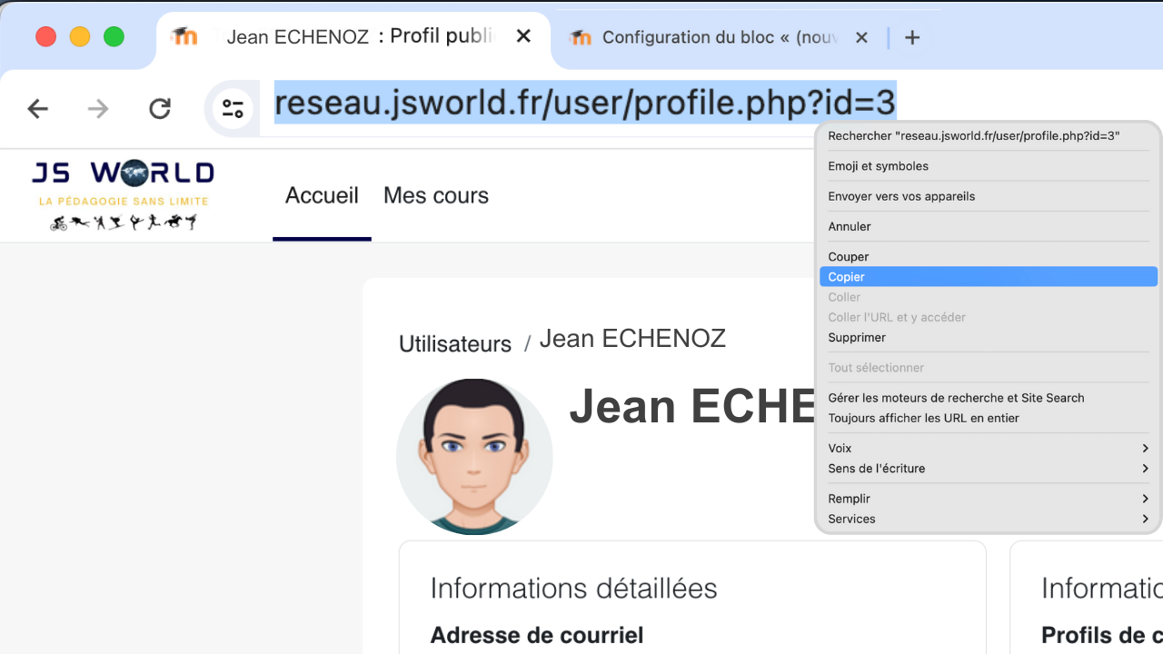 L'URL du profil est copiée depuis la barre d'adresse; elle servira à rendre le nom ou l'image de l'enseignant cliquable dans le bloc.