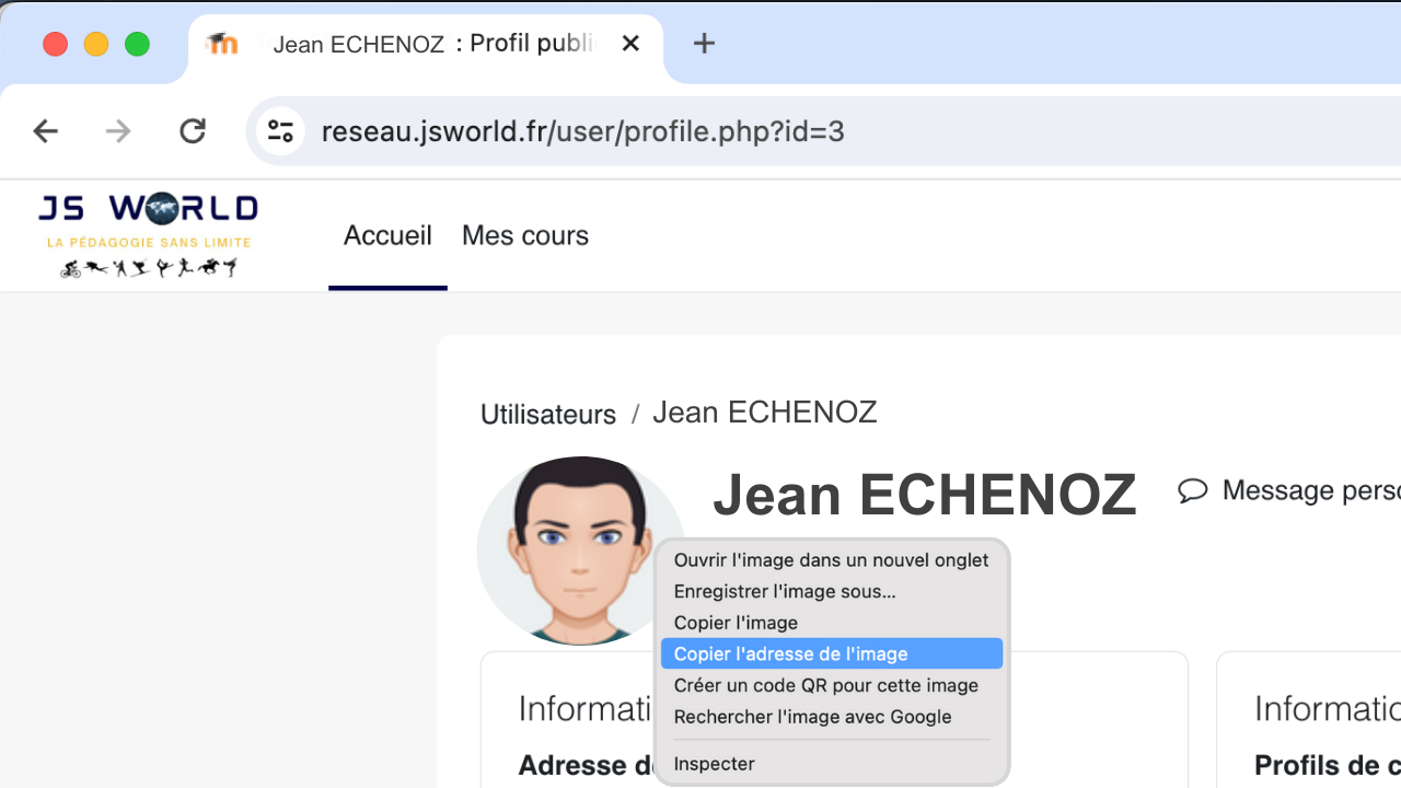 Le lien de l'image du profil se copie depuis le menu contextuel afin de pouvoir afficher l'avatar ou la photo dans le bloc Texte.