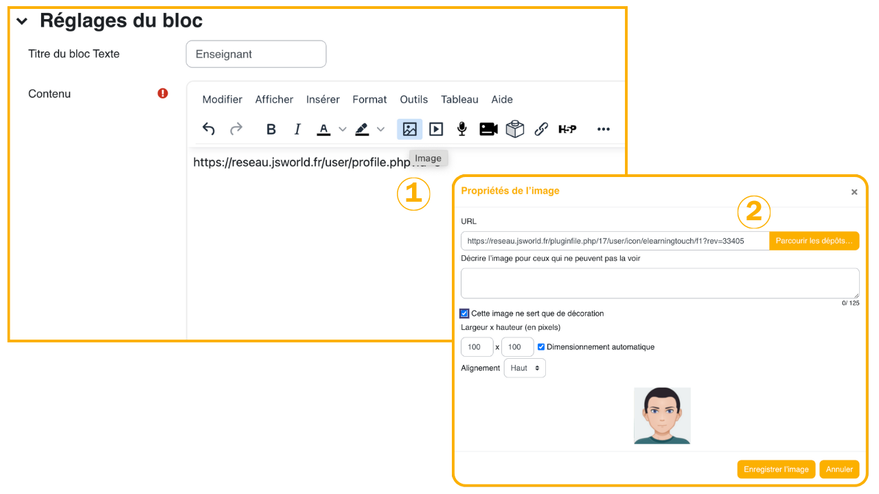 L'insertion de l'image dans le bloc ajoute le visuel de l'enseignant au contenu, avec les réglages de taille, description et alignement.
