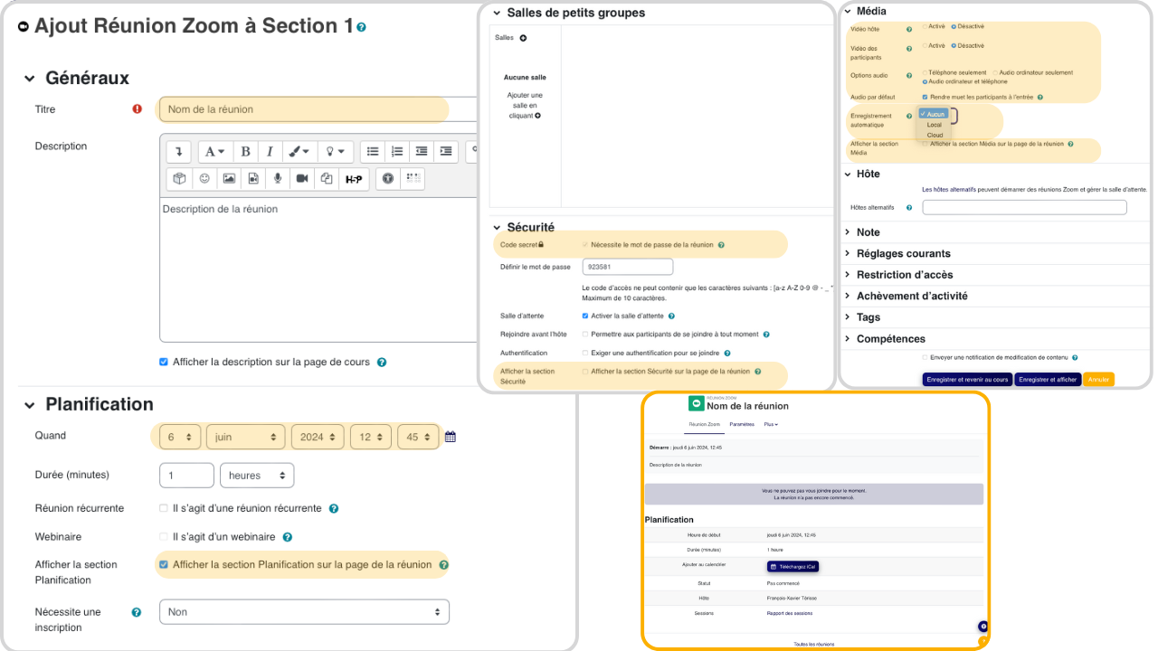 La création d'une réunion Zoom commence depuis l'activité ajoutée au cours, afin que le lien de classe virtuelle soit accessible dans la bonne section.